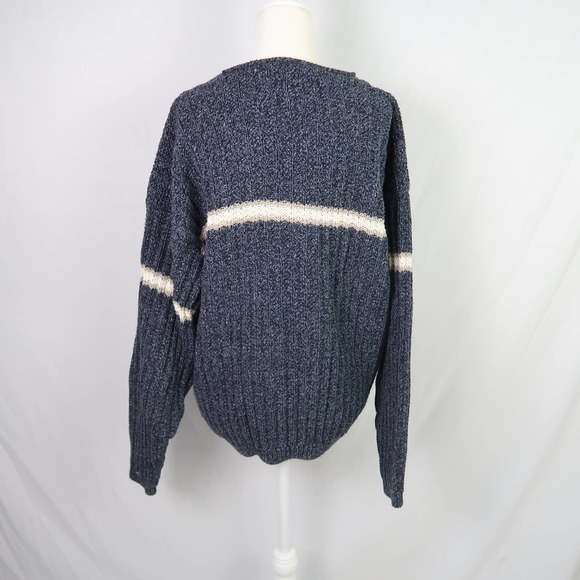 Vintage 90s Eddie Bauer Men's navy blue white stripe cotton knit sweater L - Picture 5 of 6
